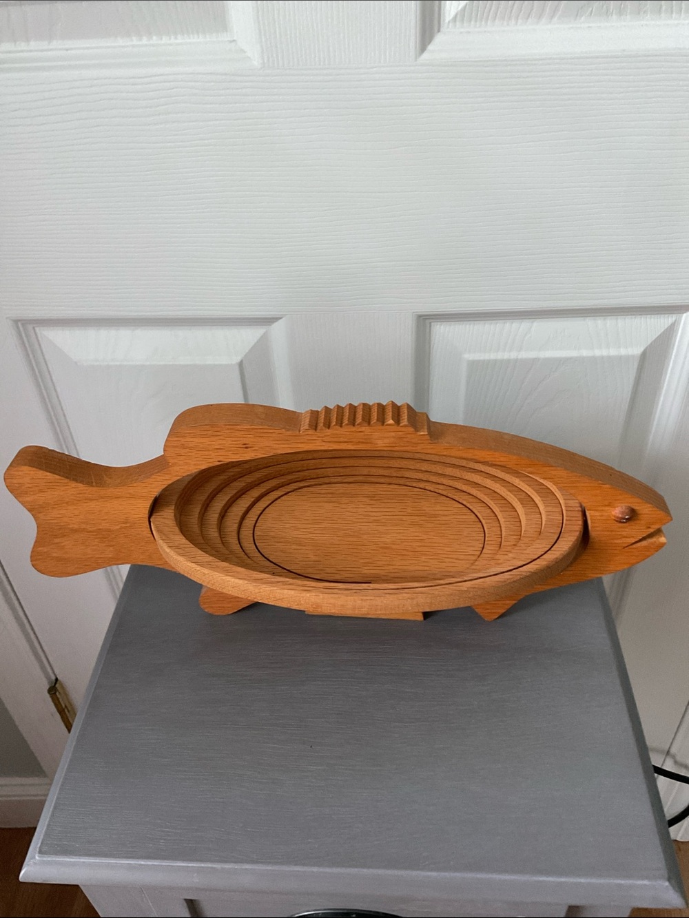 Collapsible Oak Wood Fish Shaped Basket Vintage Amish John Keim